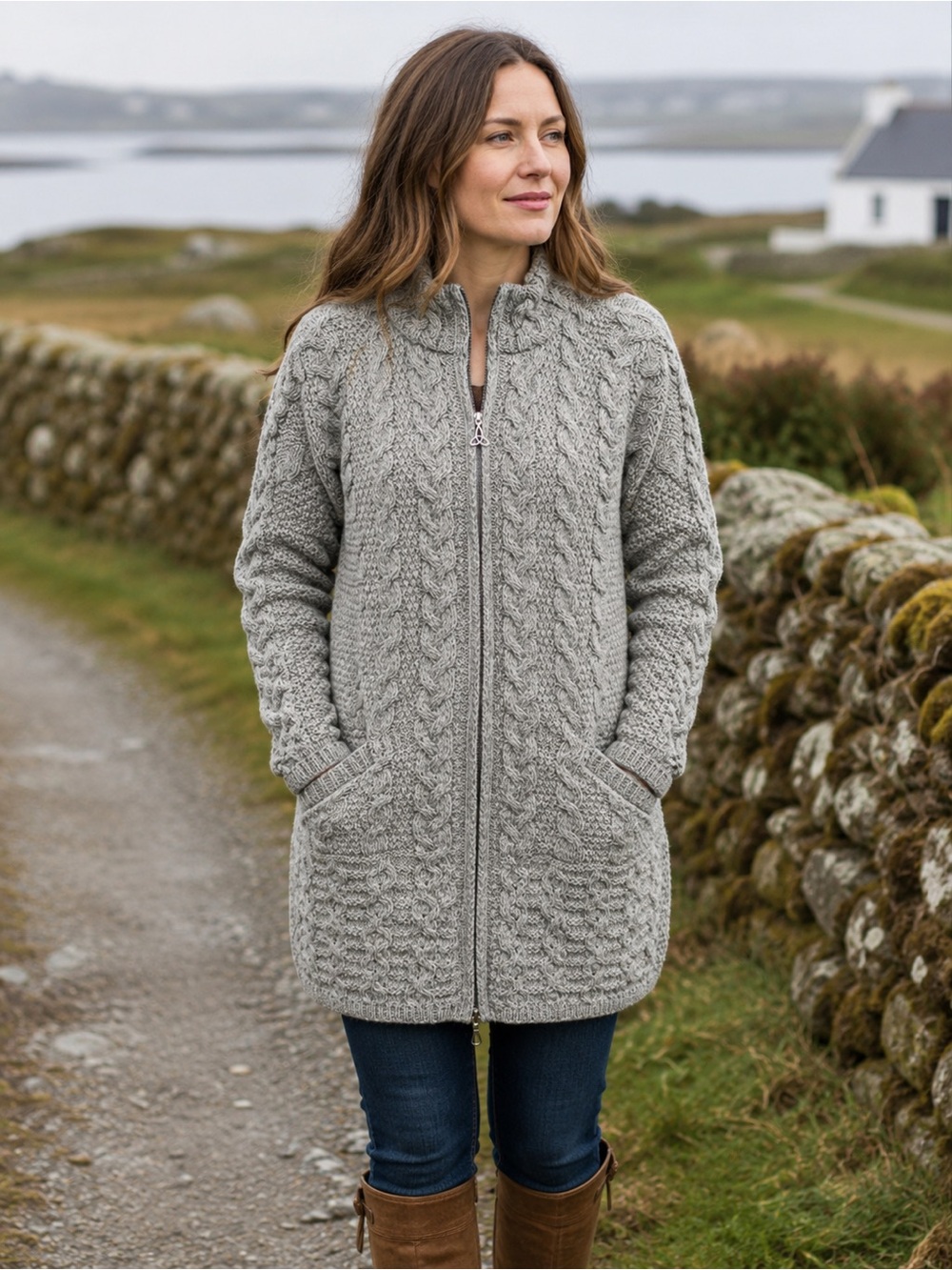 AranCrafts Gray Merino Wool Cardigan Sweater